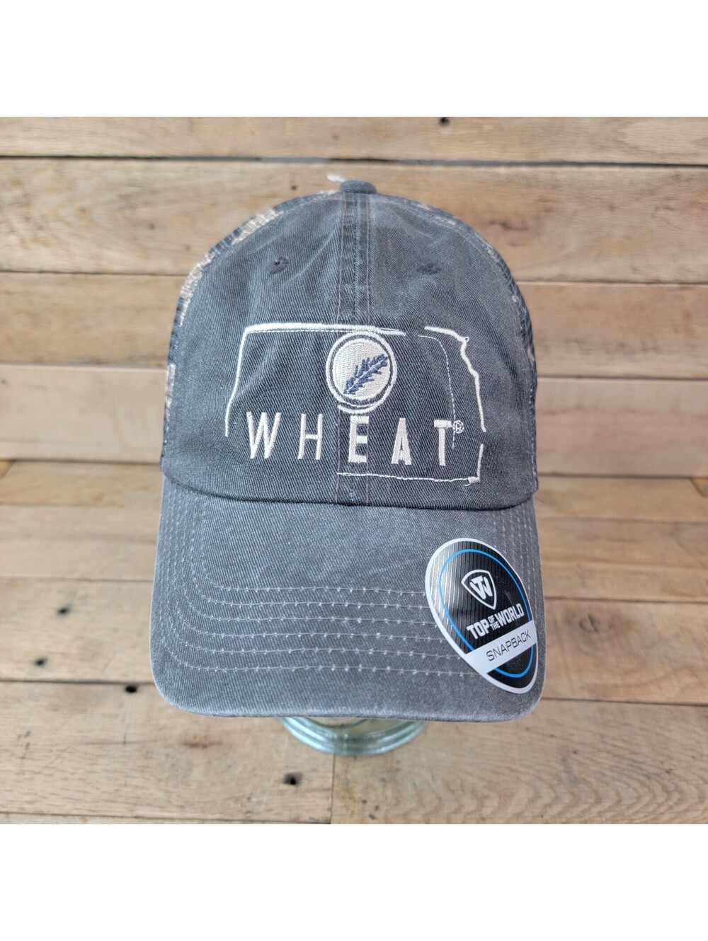 WHEAT Agriculture Snapback Hat Top Of The World Gray Distressed Trucker